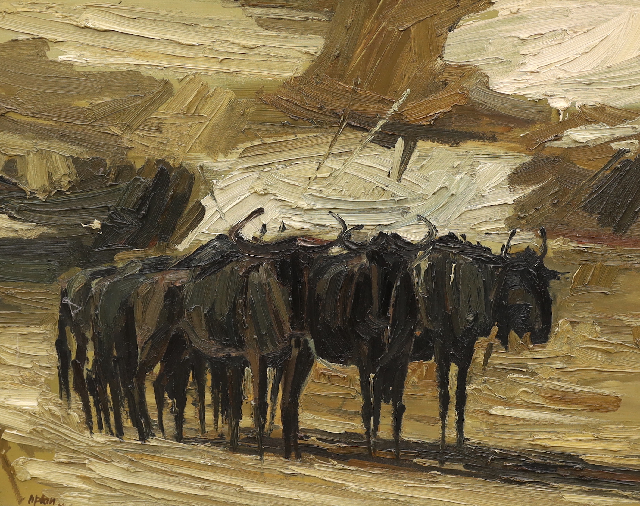 Impressionist oil on board, Yaks in landscape, indistinctly signed and dated ‘64, 86 x 66.5cm